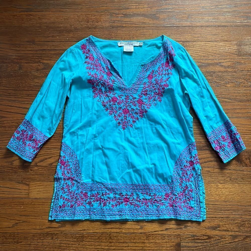 Gretchen Scott Designs Bright Blue and Magenta Embroidered Tunic Top